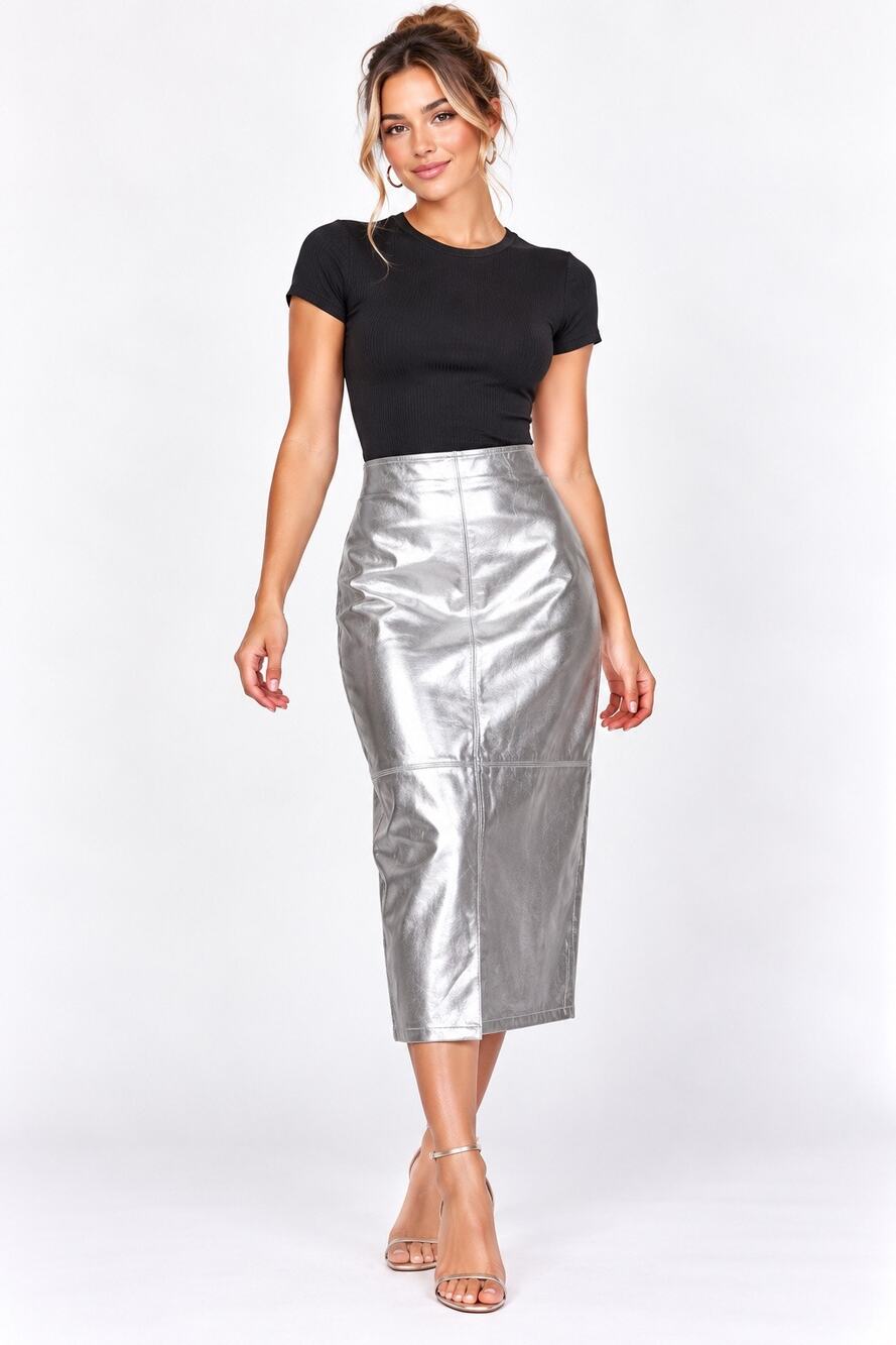 NWOT INC International Concepts Metallic Silver Faux Leather Midi Skirt